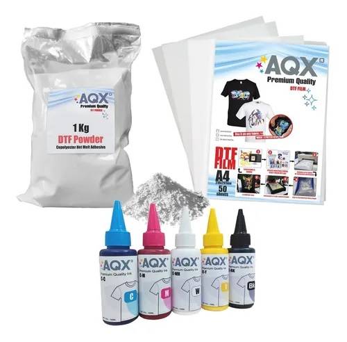 Combo DTF: Tinta 500ml + 1Kg Polvo DTF + 200 Film A4 Glossy