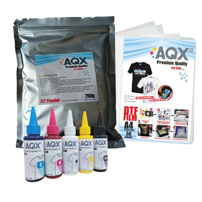 Combo DTF: Tinta 500ml + 250g Polvo DTF + 50 Film A4 Glossy