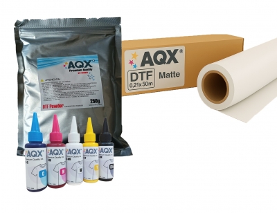 Combo DTF: Tinta 500ml + 250g Polvo DTF + Rollo 0,21x50m Matte Doble Faz