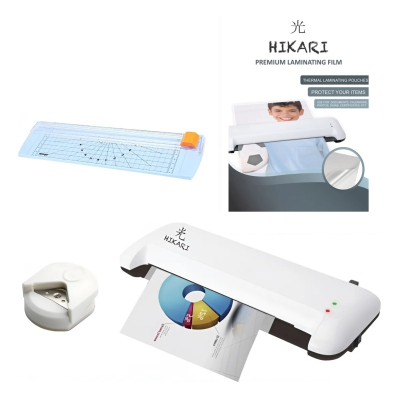 Laminadora + Mini Guillotina Trimmer + Redondeadora de Puntas R4 Blanca + Films