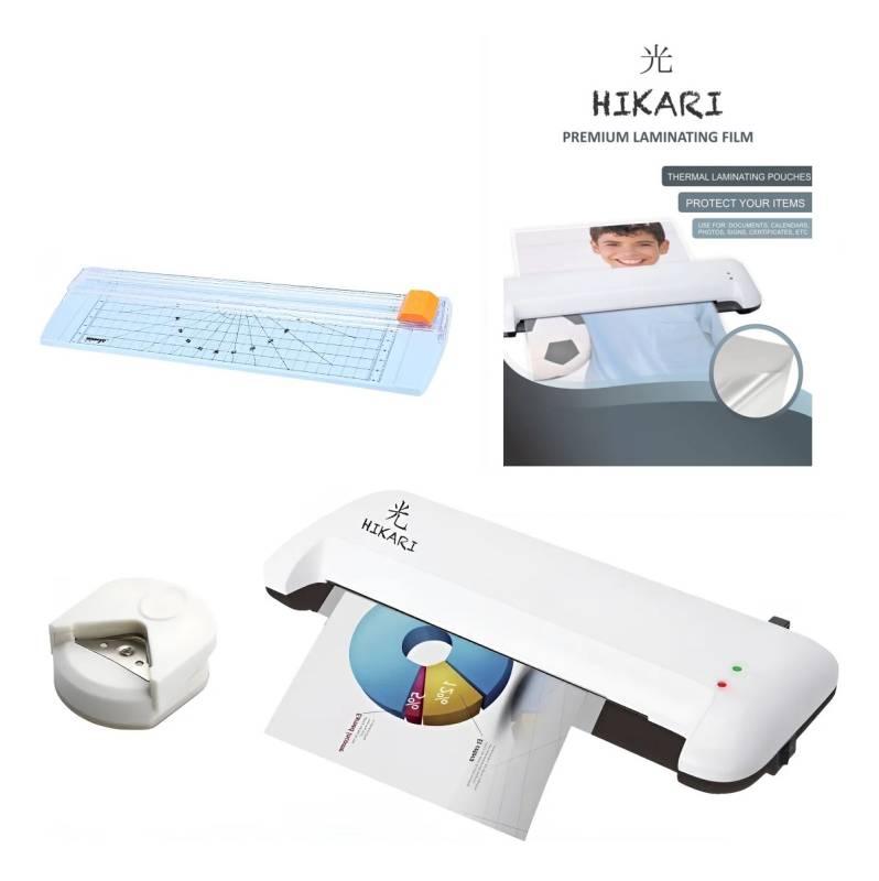 Laminadora + Mini Guillotina Trimmer + Redondeadora de Puntas R4 Blanca + Films