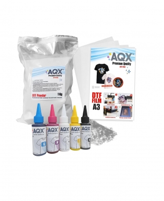 Combo DTF: Tinta 500ml + 1Kg Polvo DTF + 100 Film A3 Glossy
