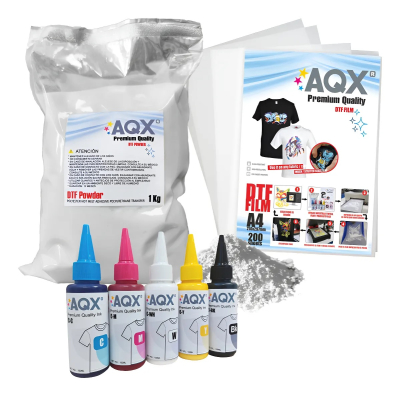 Combo DTF: Tinta 500ml + 1Kg Polvo DTF + 200 Film A4 Matte