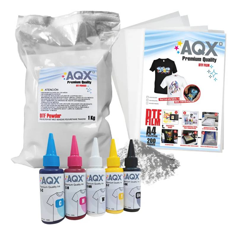 Combo DTF: Tinta 500ml + 1Kg Polvo DTF + 200 Film A4 Matte