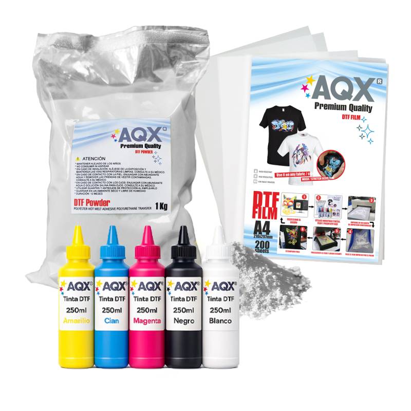 Combo DTF: Tinta 1250ml + 1Kg Polvo DTF + 200 Film A4 Matte