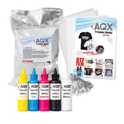 Combo DTF: Tinta 1250ml + 1Kg Polvo DTF + 200 Film A4 Glossy