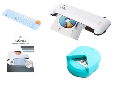 Laminadora + Mini Guillotina Trimmer + Redondeadora de Puntas R4 Turquesa + Films A4