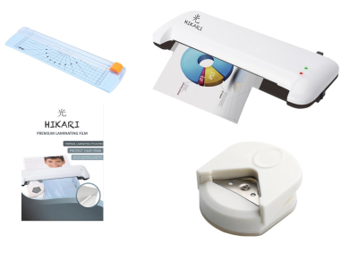Laminadora + Mini Guillotina Trimmer + Redondeadora de Puntas R4 Blanca + Films A4