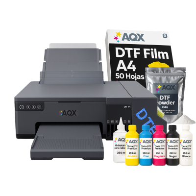 Impresora DTF A4 AQX L8050 + 1,25L Tintas + 50 Pet Film + 250g Polvo + 250ml Líquido Hidratante