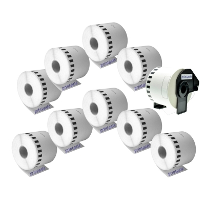 SET ECO x10 Rollos DK2205 PG Para Rotuladoras Brother Negro s/ Blanco 62mm x 30.48m + 1 Soporte